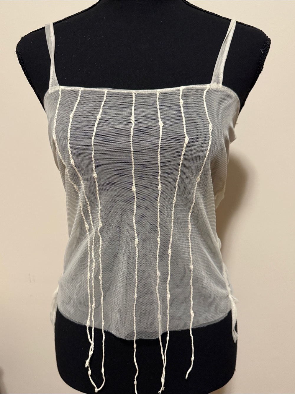 Vintage Sheer White Strappy Tank Top with Draped Tie Details